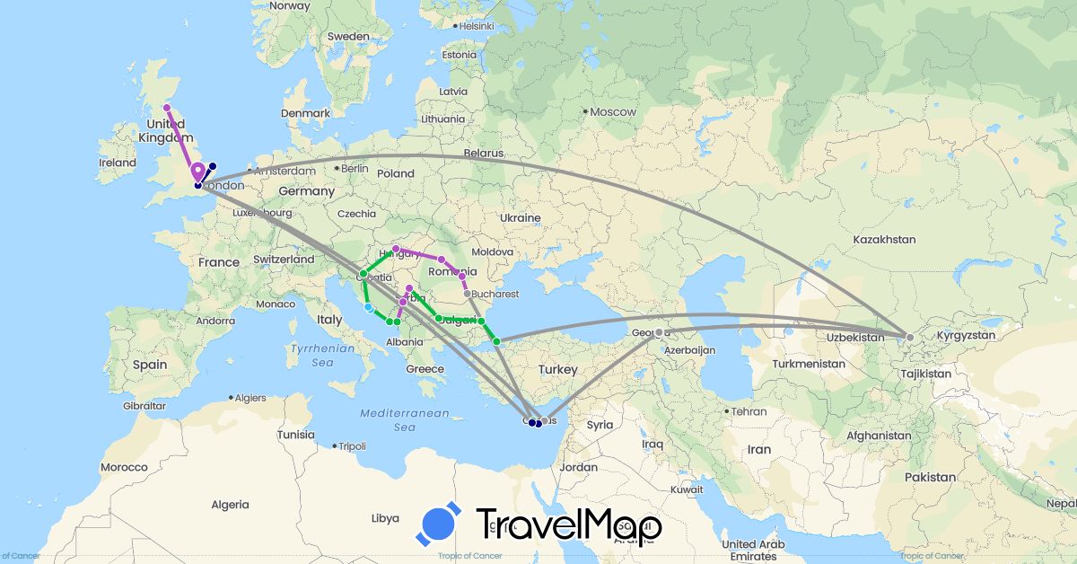 TravelMap itinerary: driving, bus, plane, train, boat in Bulgaria, Cyprus, United Kingdom, Georgia, Croatia, Hungary, Montenegro, Romania, Serbia, Turkey, Uzbekistan (Asia, Europe)