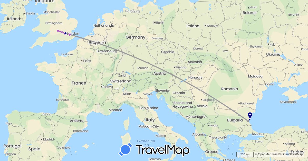 TravelMap itinerary: driving, plane, train in Bulgaria, United Kingdom (Europe)