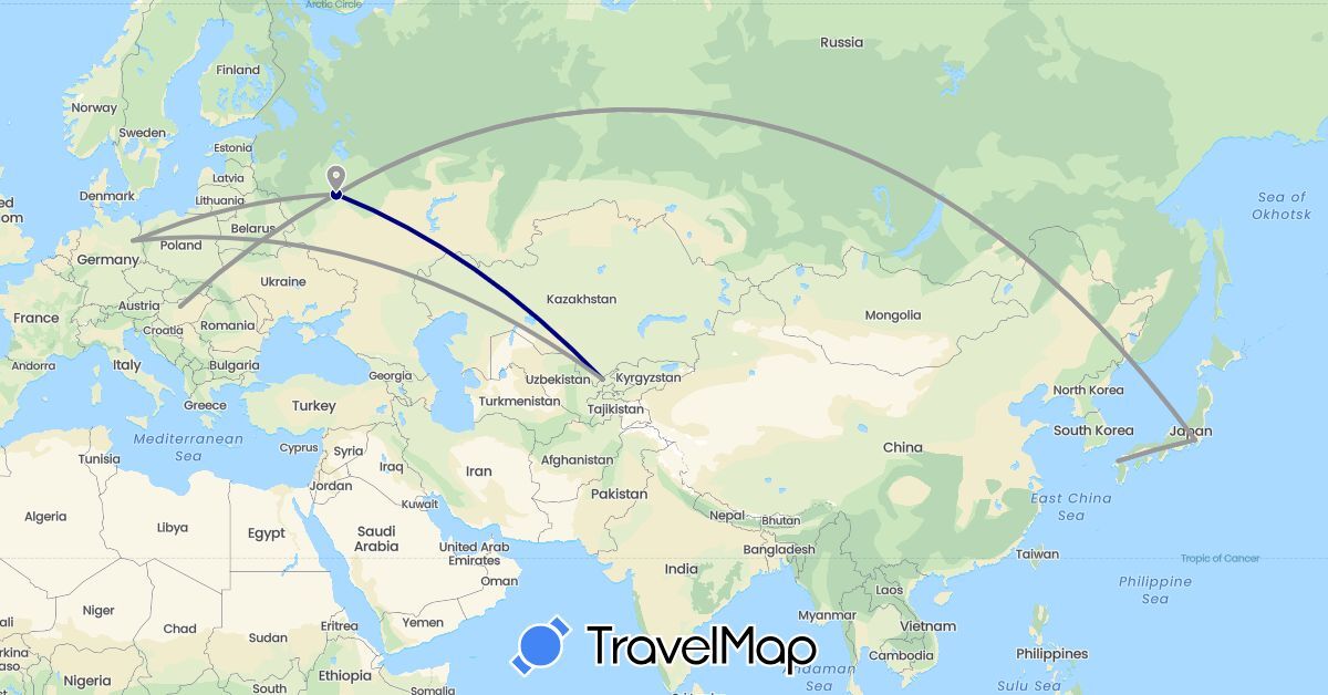 TravelMap itinerary: driving, plane in Germany, Hungary, Japan, Russia, Uzbekistan (Asia, Europe)